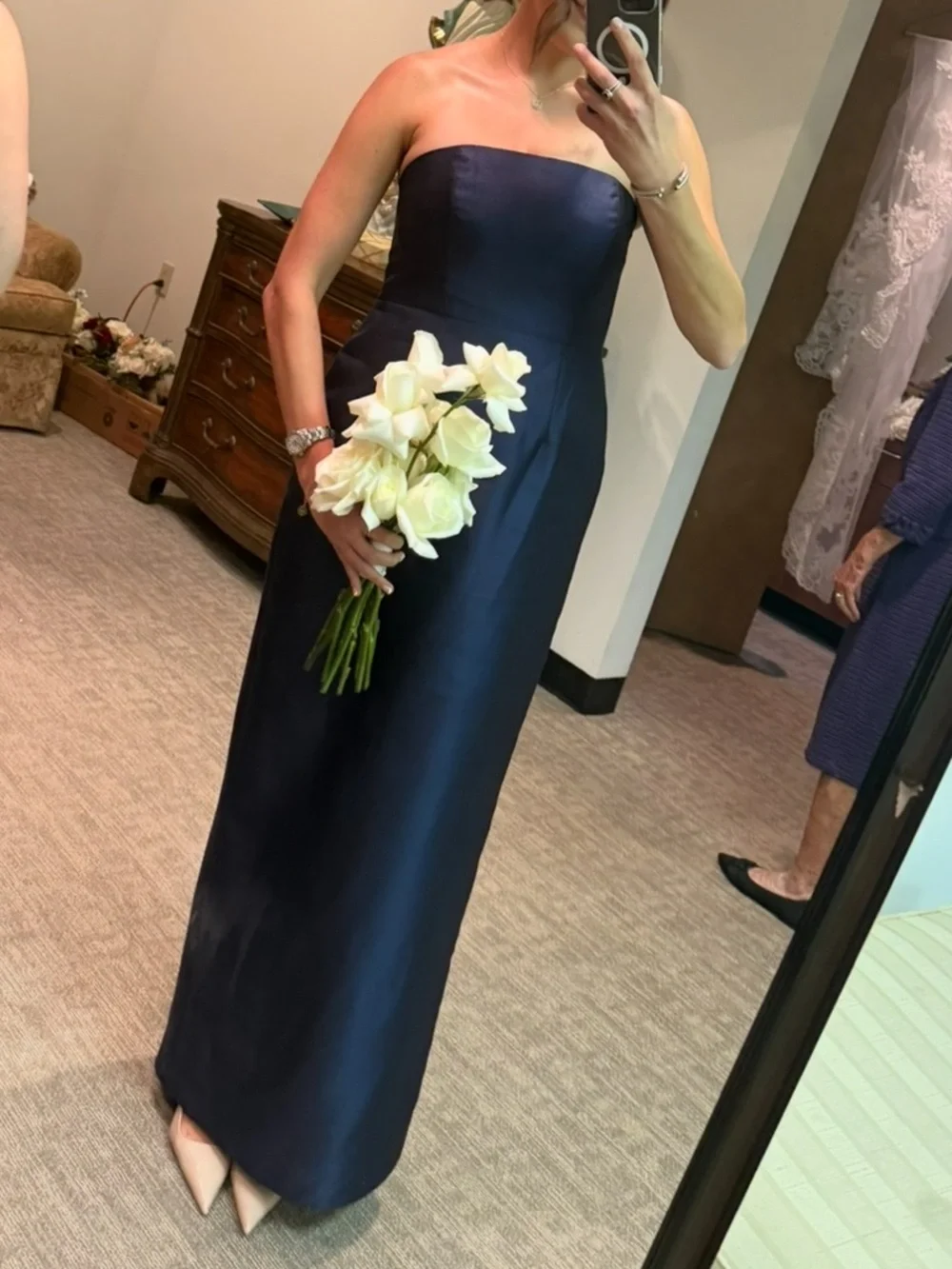 ALFRED SUNG strapless satin column dress with back slit in midnight navy - Picture 4 of 6